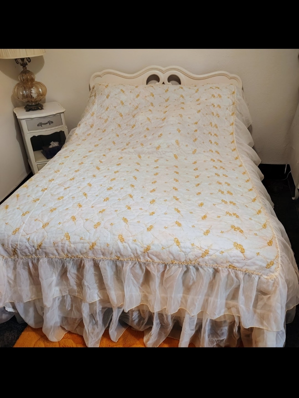 Classic White & Gold Floral Quilted Bedspread with Ruffled Skirt